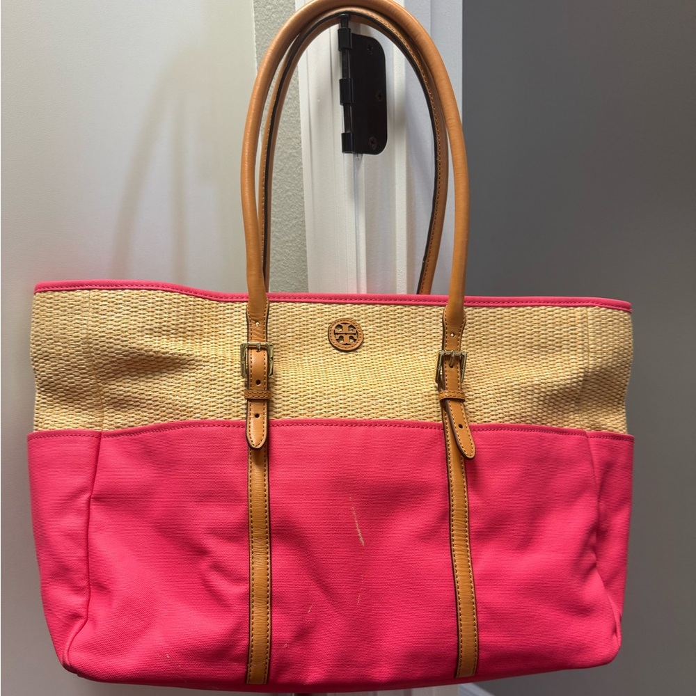 Tory Burch pink and straw beach bag